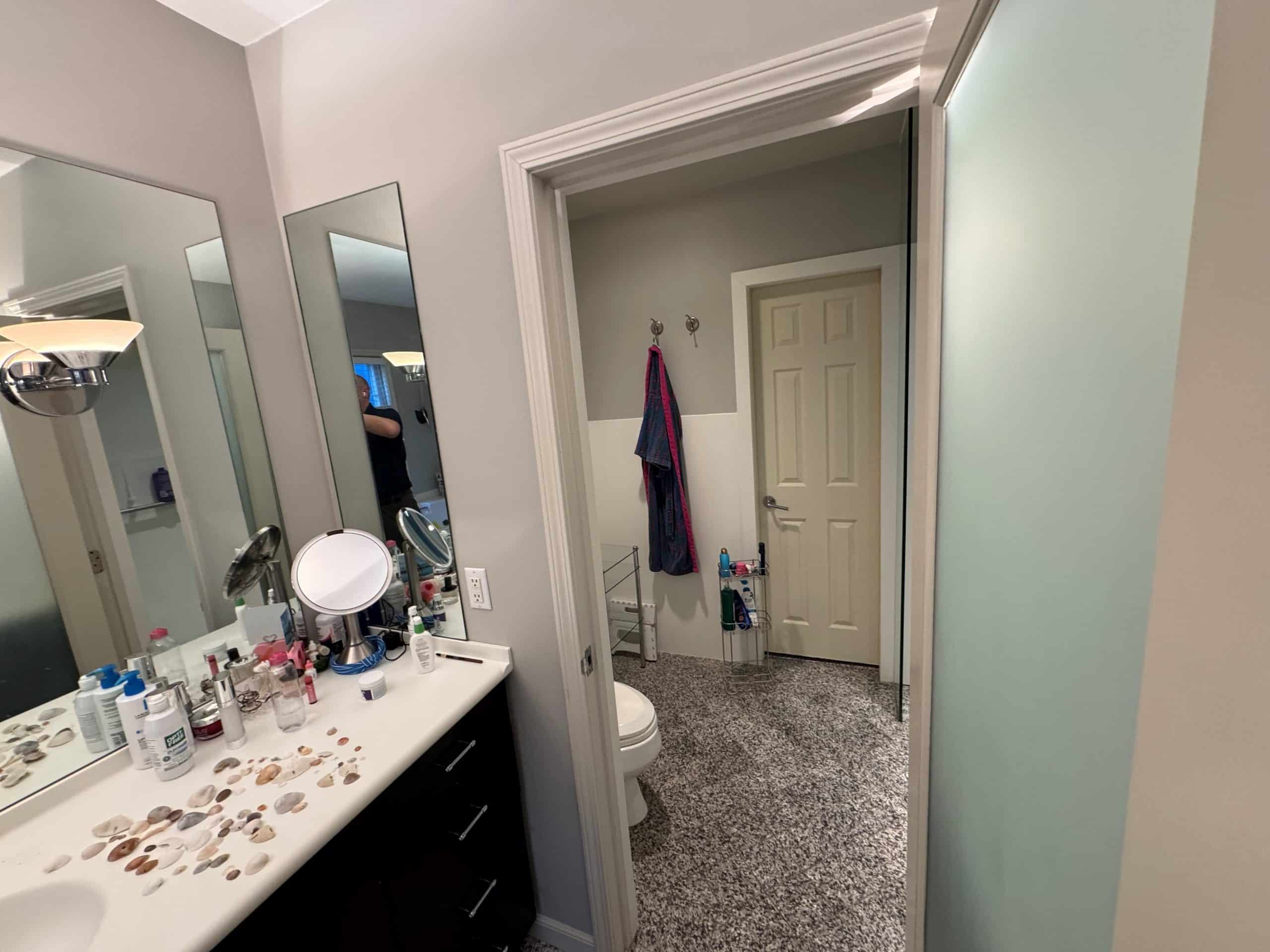 primary bathroom dated and awkward layout before the bathroom remodel to increase flow and function primary bathroom dated and awkward layout before the bathroom remodel to increase flow and function