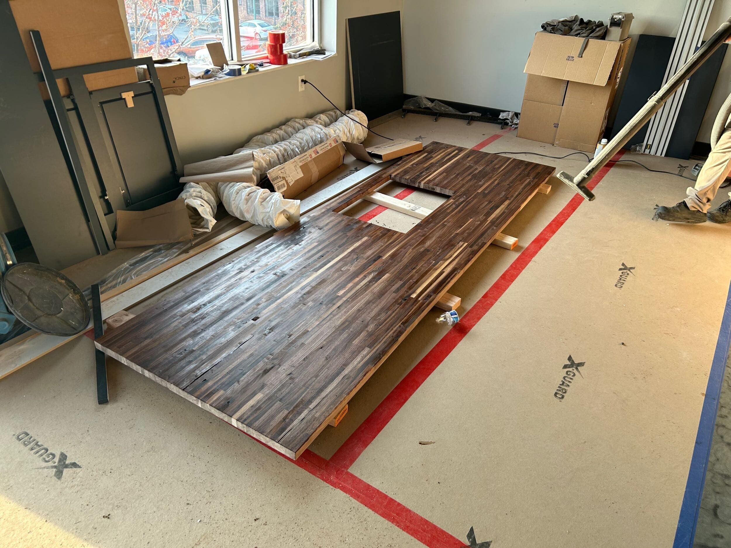 butcher block island installation and prep for condo kitchen project