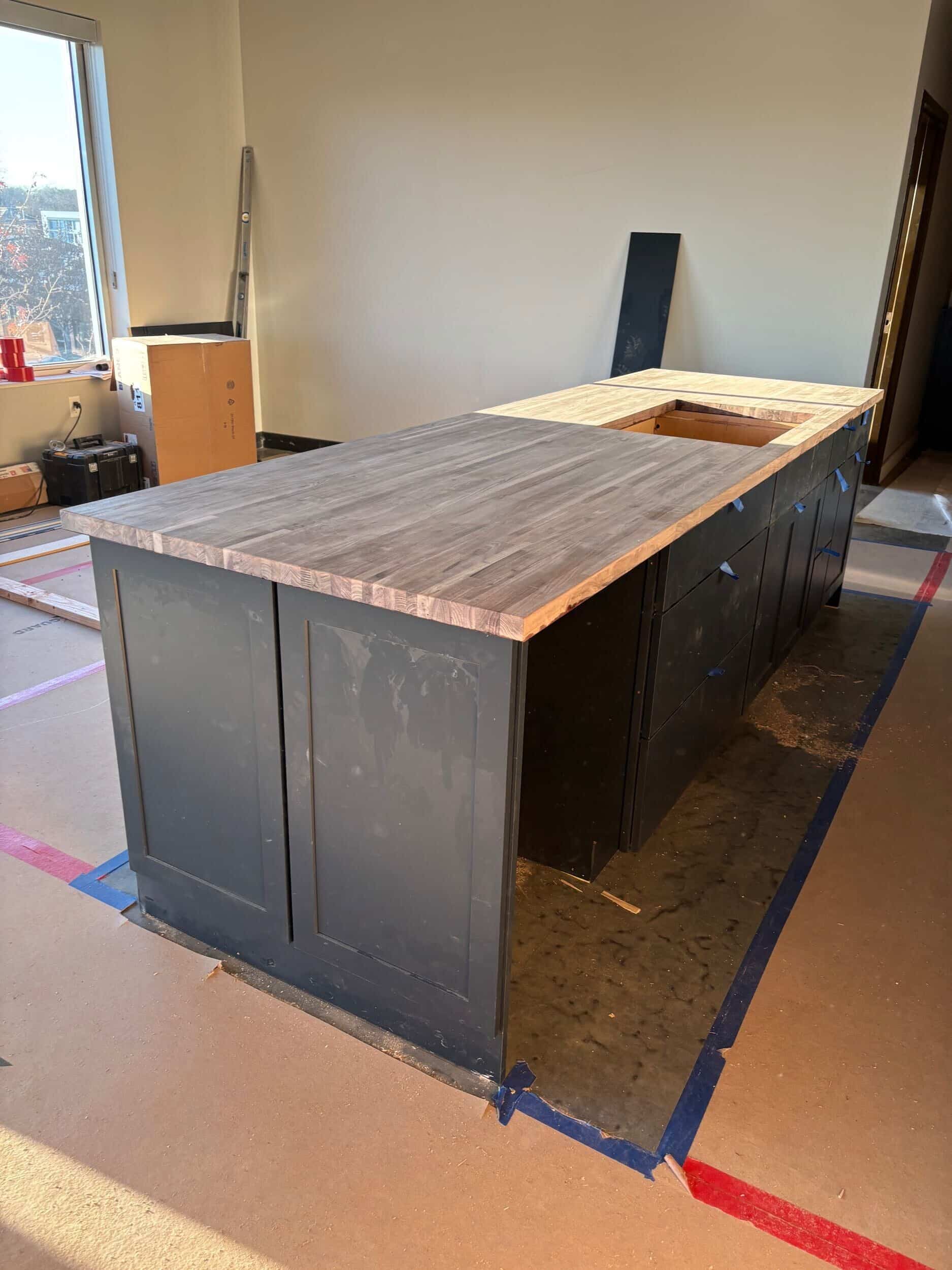 butcher block island installation and prep for condo kitchen project